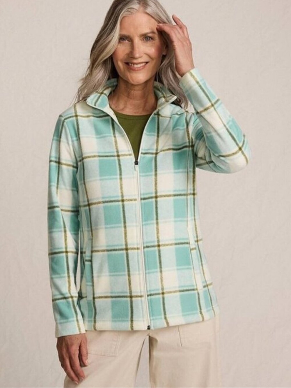 Lands End Anyweather Mint/Sky/Buff Check Fleece Full Zip Jacket Pockets Sz Large